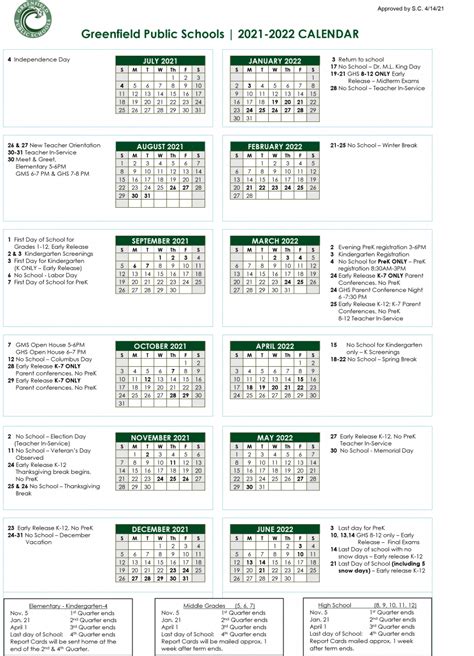 2021 2022 School Calendar Final0png Greenfield Public Schools