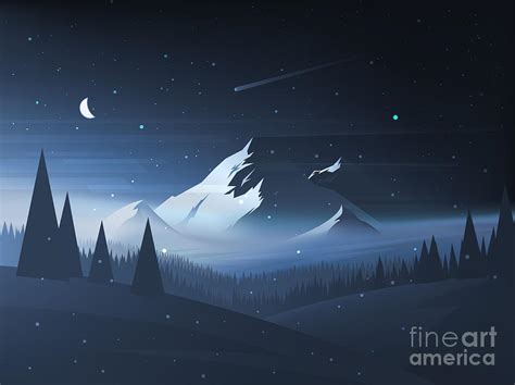 Night Mountain Winter Landscape Vector Digital Art By Dmod Pixels