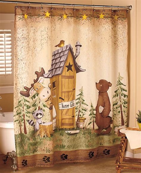 Nature Calls Shower Curtain Comical Bear Moose Outhouse Country Bathroom Decor Unbranded
