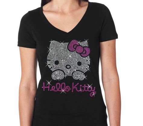 New Hello Kitty V Neck T Shirt Women Shiny Sparkly Rhinestone Peekaboo