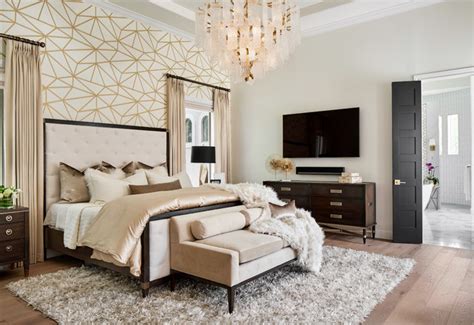 Luxe Master Bedroom With Gold And White Wallpaper Feature Wall