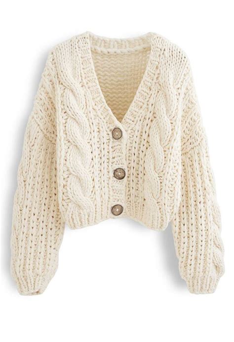 Hand Knitted Braid Chunky Cable Knit V Neck Button Crop Cardigan
