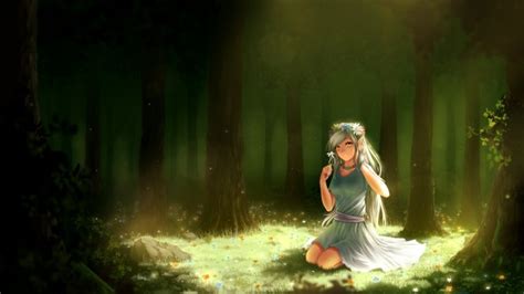 Wallpaper Anime Elf Girl Choker Forest Smiling Green