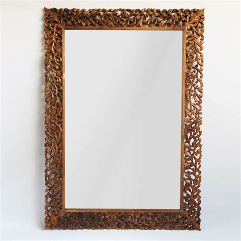 Hand Carved Teak Wood Mirror Frame With Organic Leaf Design Can Be