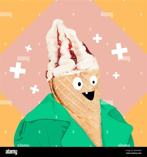 Funny Ice Cream Cone As Human Face And Green Fashion Blazer Stock Photo