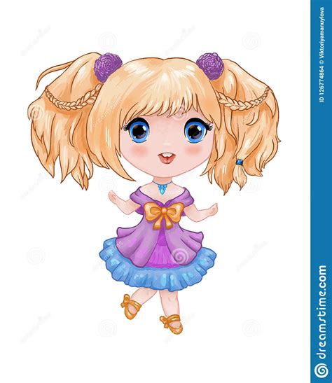 Chibi Illustration Little Cute Anime Girl In Purple Blue
