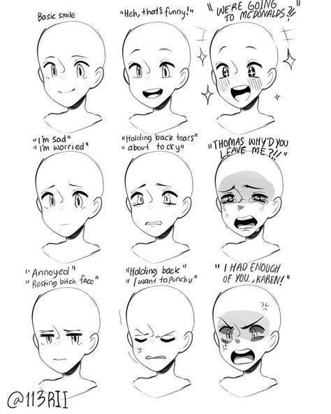The Stages Of Facial Expressions For An Anime Characters Face And Head With Text Above