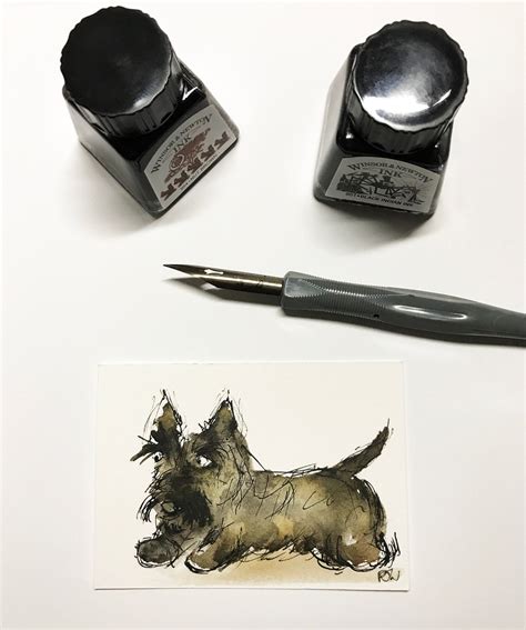 Scottie Dog Aceo Original Pen And Ink Painting Miniature Scottish Terrier