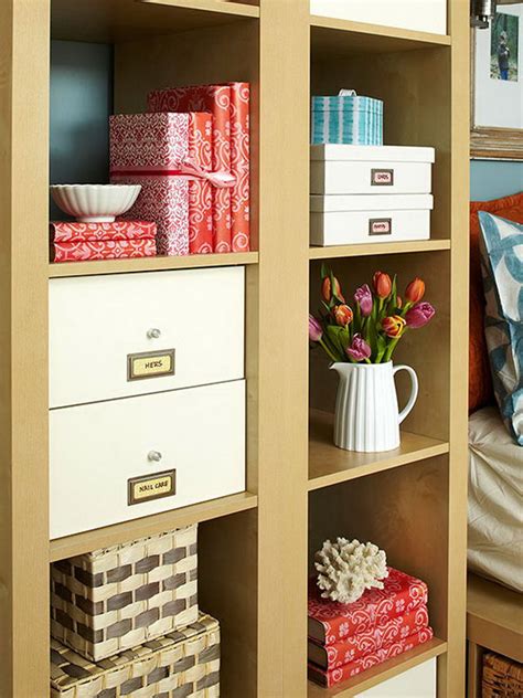 Wall hang two basic drawer units (minus the drawers) to provide deep storage for clothes and shoes, and save on precious floor space. 25 Creative Ideas for Bedroom Storage - Hative