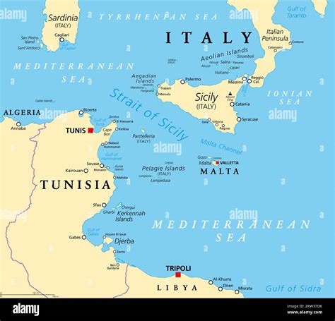 Strait Of Sicily Political Map Also Known As Sicilian Channel A