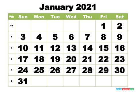You can also download as an image. Free Printable Monthly Calendar January 2021 - Free ...