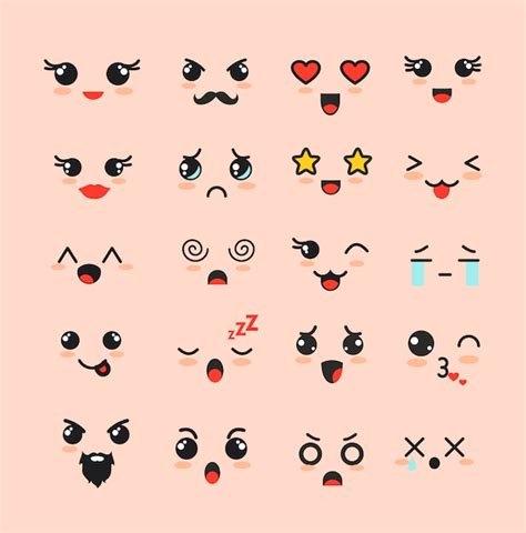 Иллюстрация набор милые лица различные смайлики kawaii эмодзи