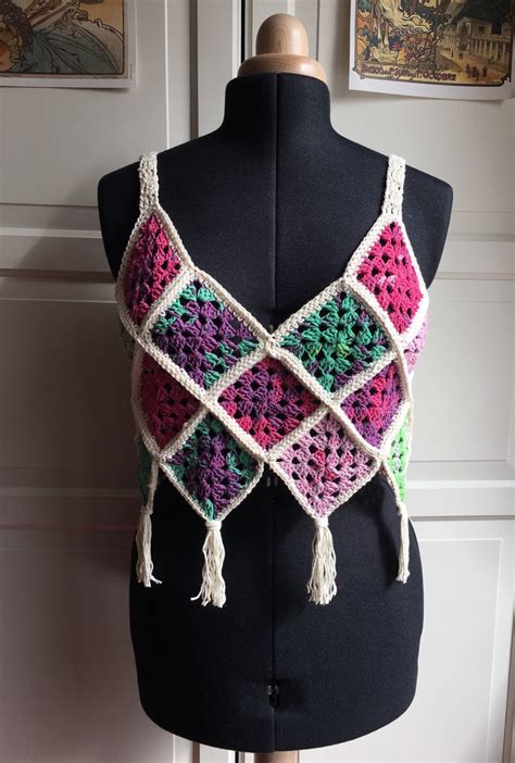 Granny Square Crochet Crop Top Medium Bralette Etsy
