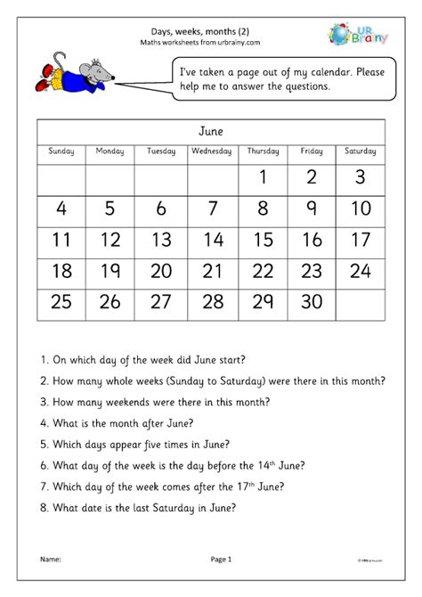 Day Weeks Months 2 Measuring And Time Worksheets For Year 3 Age 7