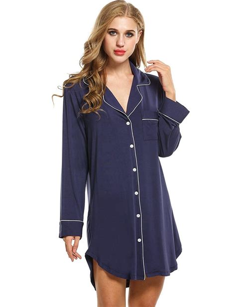 Womens Long Sleeve Shirt Sleep Dress Satin Patchwork Sleepwear Button