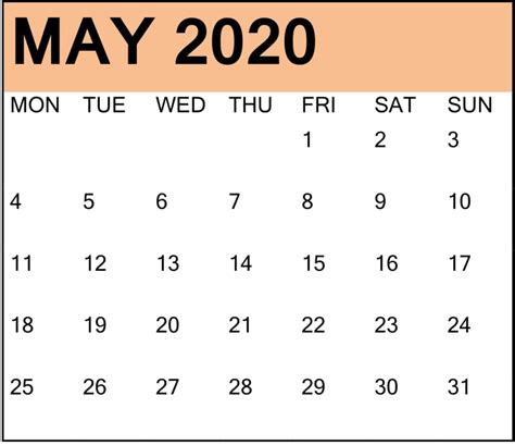 Printable May 2020 Calendar With Holidays