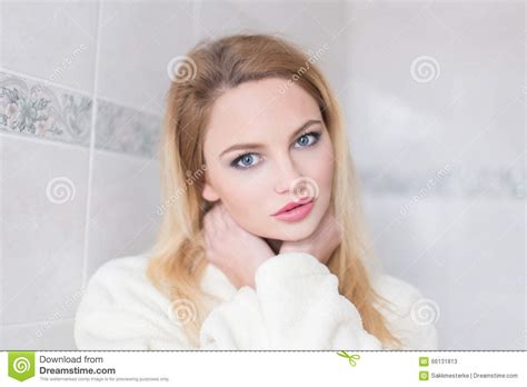 blonde woman in bathroom at morning stock image image of positive looking 66131813