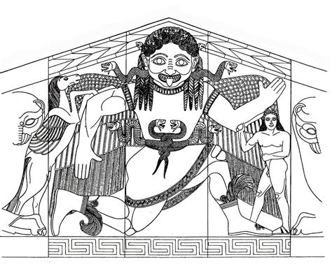 Reconstructed Illustration Detail Of The Pediment Showing Medusa With