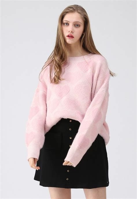 Fuzzy Hearts Knit Sweater In Pink Fashion Knitted Sweaters Unique