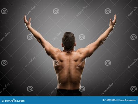 Athletic Man Raised Open Arms Muscular Athlete Body Back Rear View