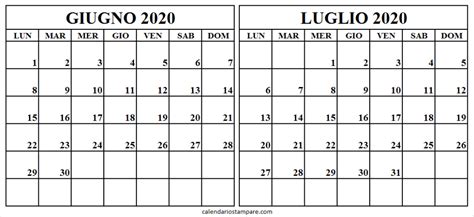 Calendario Di Giugno Luglio 2020 Da Stampare Pinterest Calendario