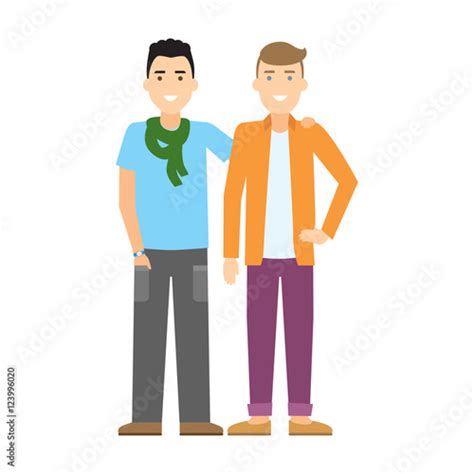 Isolated Gay Couple Two Handsome Cartoon Men Standing On White Background And Hug Happy
