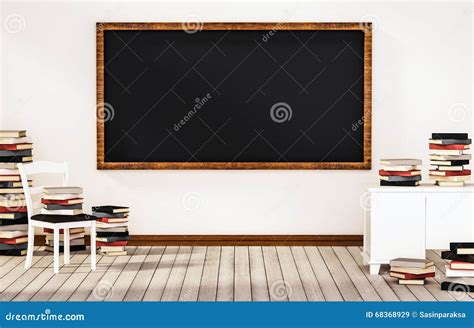 Classroom Blackboard On White Wall With Table Chair And Piles Of