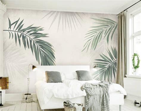 Simple Creative Hand Painted Tropical Leaves Wall Mural Etsy Idee