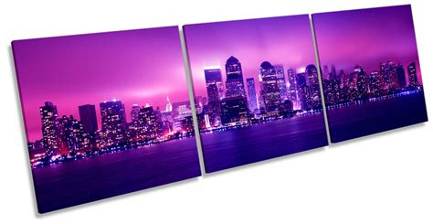New York City Skyline Night Pink Purple Print Canvas Wall Art Triple