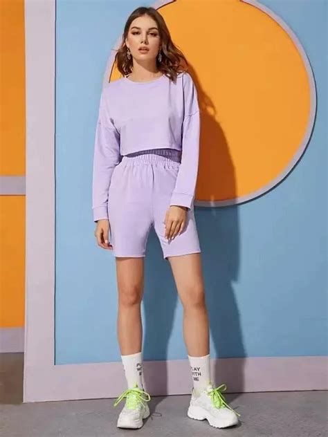 Solid Drop Shoulder Sweatshirt With Shorts In 2020 Shorts Outfits