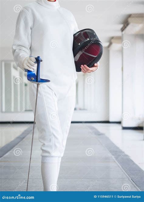 Close Up Of A Fencer In White Fencing Suit And Holding Mask And Stock Image Image Of Confident