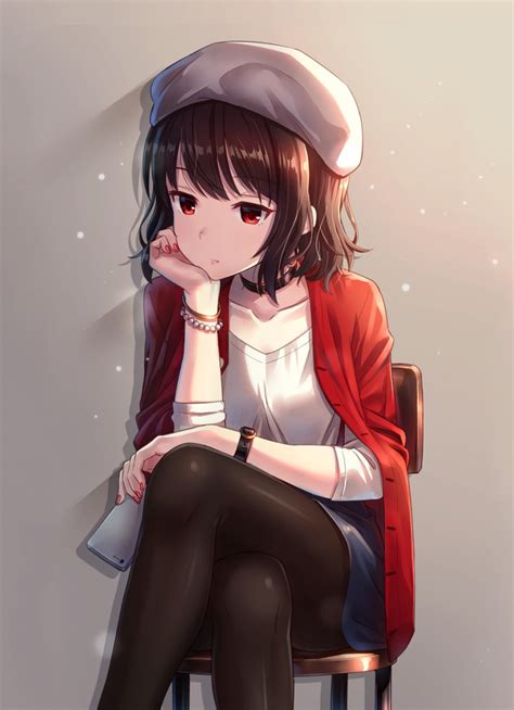 Download 840x1160 Wallpaper Red Eyes Cute Anime Girl Sit Original