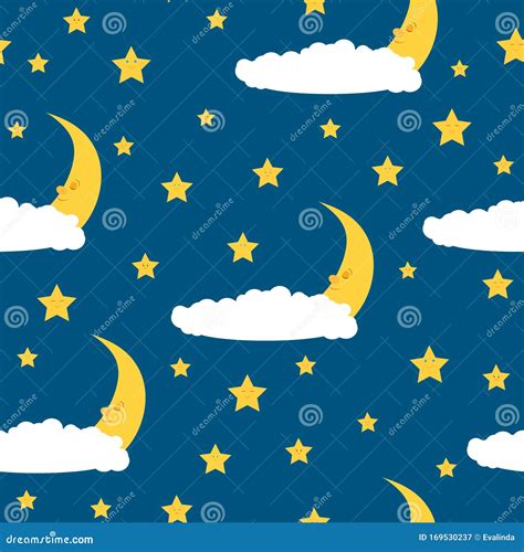 Sleeping Moon And Stars Seamless Pattern Stock Vector Illustration