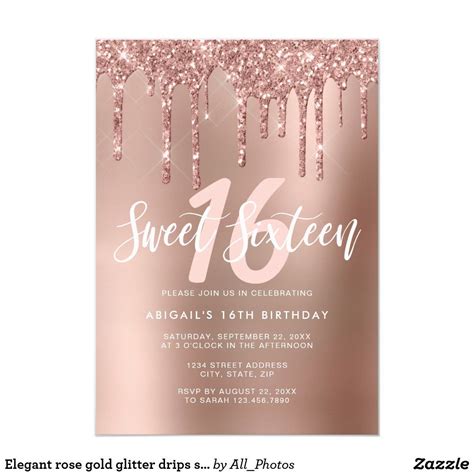 Elegant Rose Gold Glitter Drips Sweet Sixteen Invitation