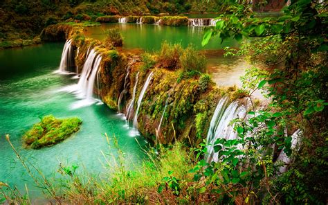 Beautiful Waterfall Nature Autumn Beautiful Green Grass Trees Hd