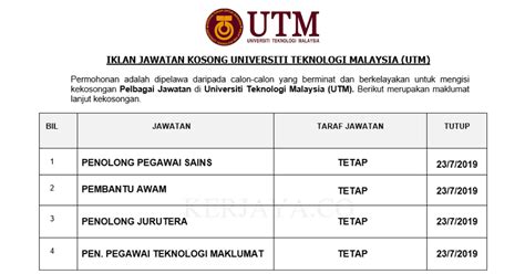 Doctors as well as professors here in the university provides student with detailed exposure and quintessential aspects regarding their chosen program and medical course. Jawatan Kosong Terkini Universiti Teknologi Malaysia (UTM ...