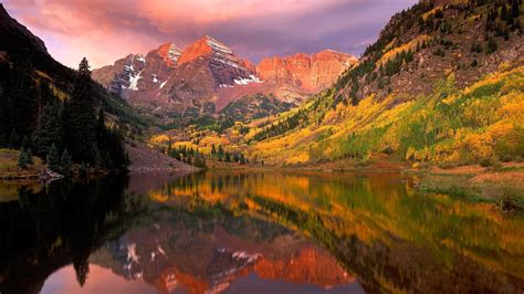 Landscape Nature Maroon Bells Colorado Mountains Lake Reflection