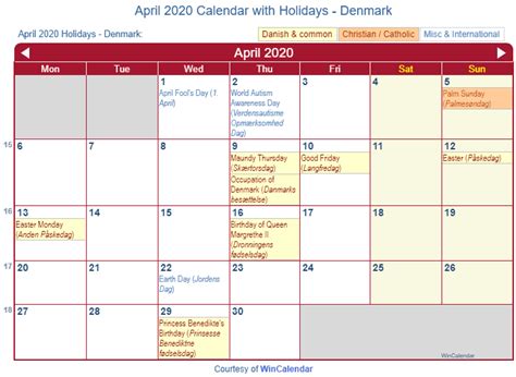 Print Friendly April 2020 Denmark Calendar For Printing