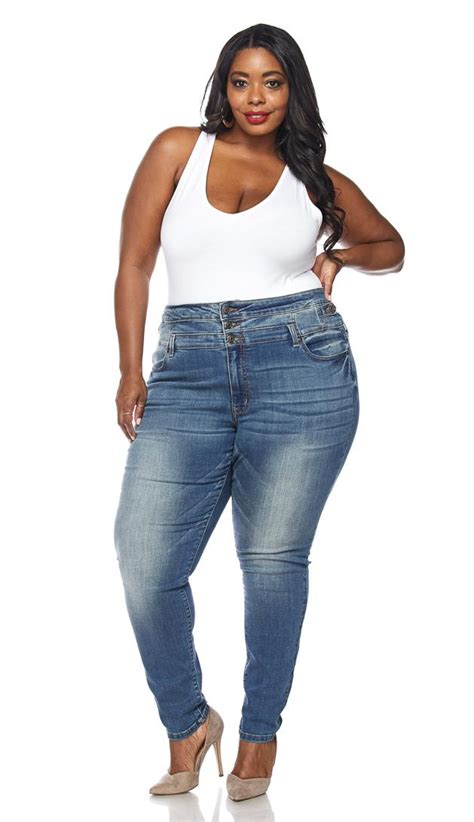 Plus Size 3 Button High Waisted Denim Skinny Jeans