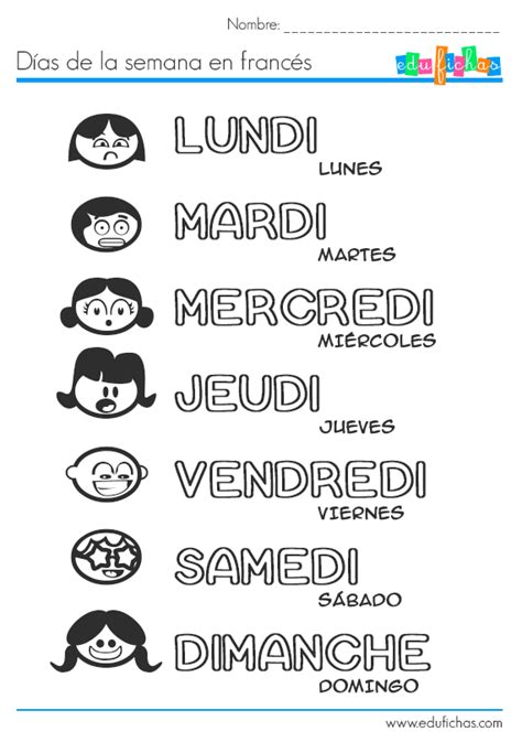 Los días de la semana en francés. Ficha educativa para niños