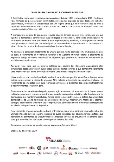 Carta Aberta Da Fenajud À Sociedade Brasileira Sintaj Sindicato Dos