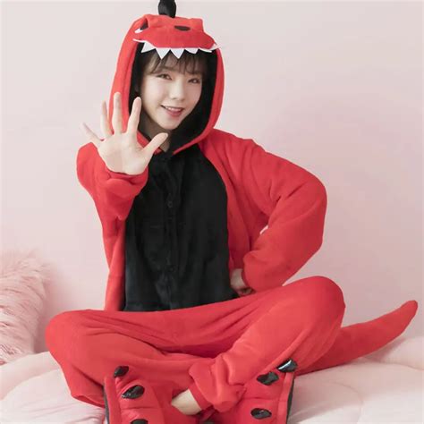 Women Fire Dragon Pajamas Set Winter New Dinosaur Animal Cosplay Adult