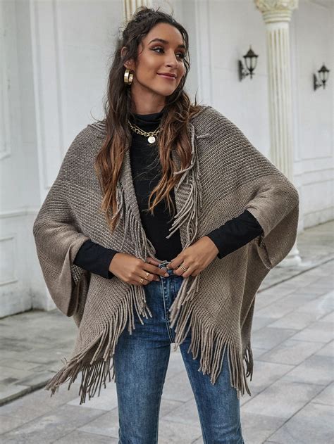 Fringe Trim Open Front Poncho Cardigan Shein Usa Open Front Poncho