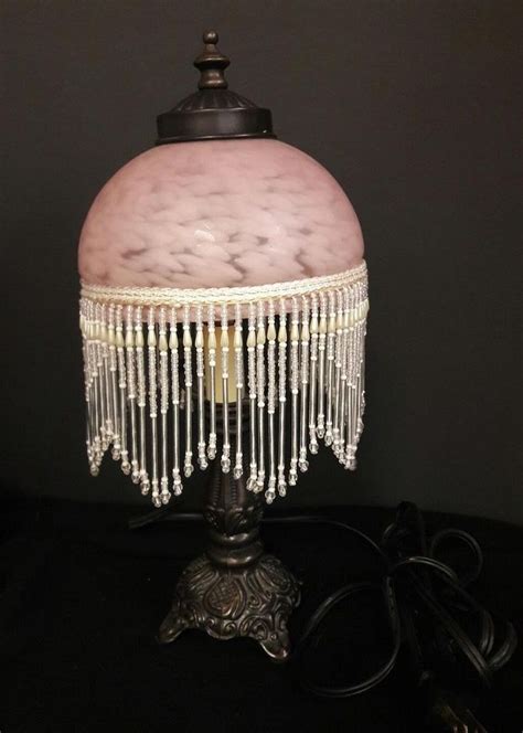 beautiful frosted pink cloud glass lamp with long white and pink beaded fringe 1869575505