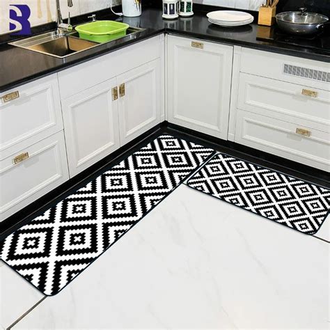 SunnyRain 2 Piece Set Black And White Rug For Kitchen Geometric Kitchen Area Rug Slip Resistant 