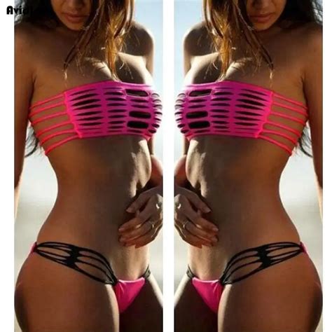 Women Strip Hollow Boob Sexy Summer Swimsuit Strip Set Beachwear Bodycon Bandeau Tube Bandage