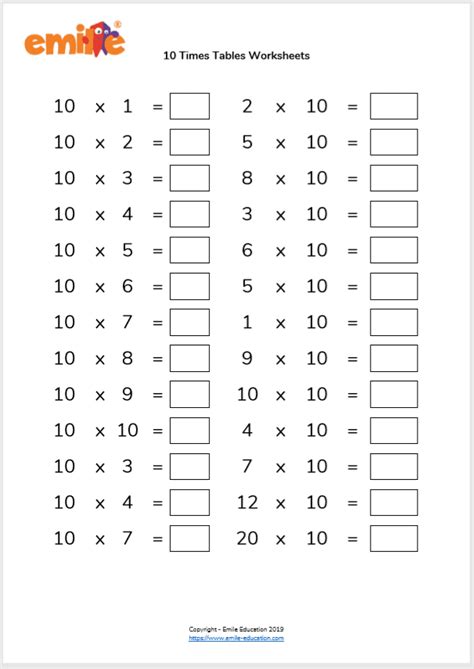 1 To 10 Times Table Worksheet