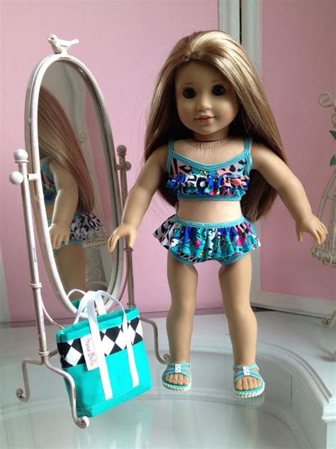 new two piece ruffled swimsuit sandals bag and beach towel made to fit 18 inch american girl