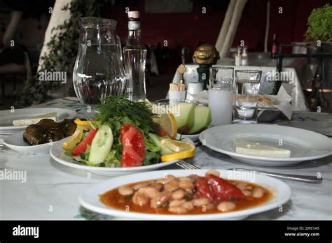 Traditional Turkish Appetizer Foods Turkish Meze With Raki On The