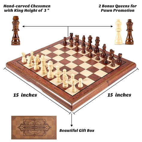 Amerous 15 Magnetic Wooden Chess Set Folding Board 2 Extra Queens